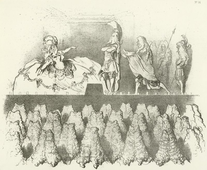 Racine vystupoval před soudem ve Versailles 1695 (hlubotisk) od Gustave Dore