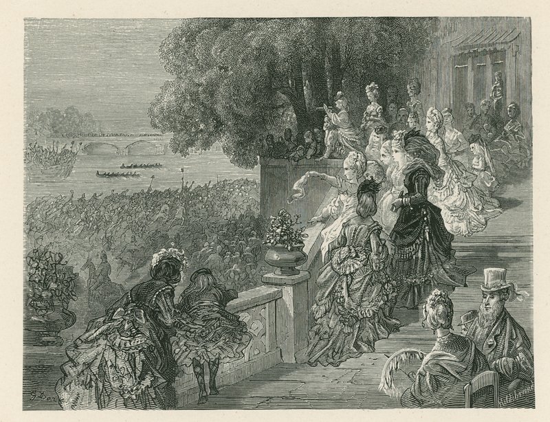 Diváci sledující závod lodí od Gustave Dore