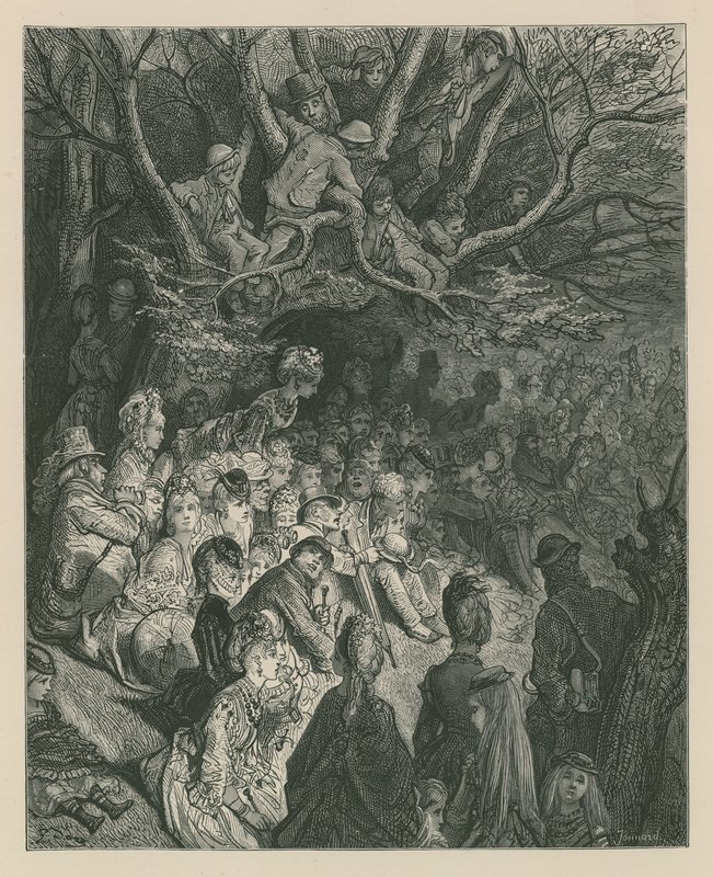 Diváci sledující závod lodí z břehu řeky od Gustave Dore