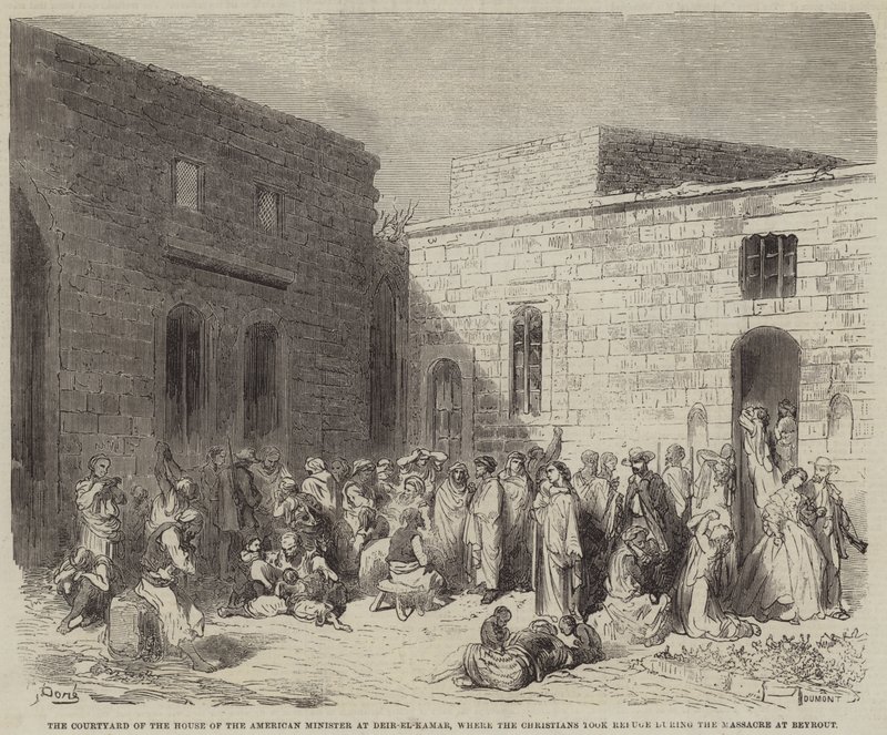 Nádvoří Domu amerického ministra v Deir-el-Kamar, kde křesťané vzali ? od Gustave Dore