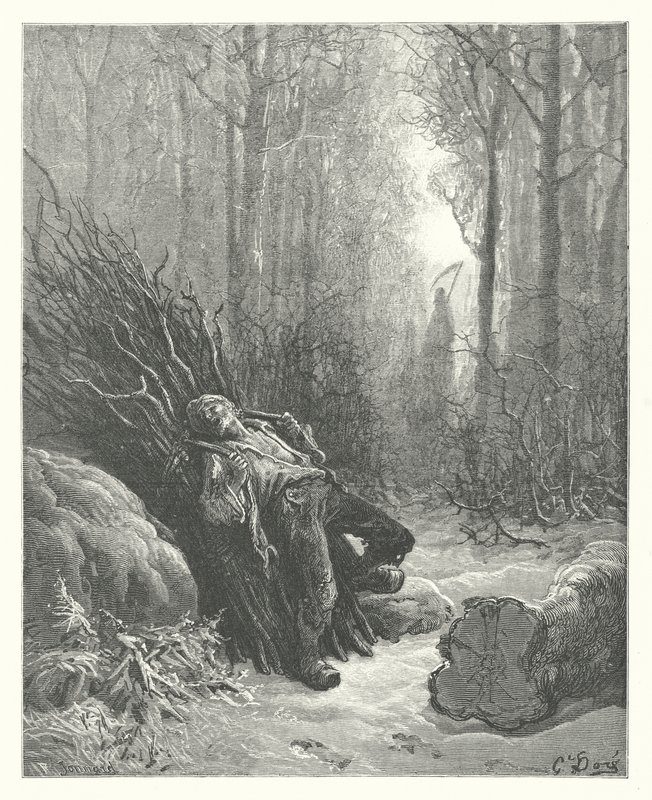 La Fontainovy bajky: Smrt a dřevorubec (rytina) od Gustave Dore