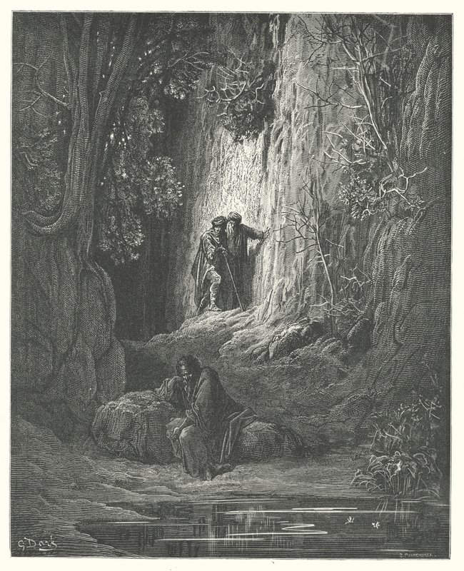 La Fontainovy bajky: (rytina): Rozhodčí, almužník a poustevník od Gustave Dore