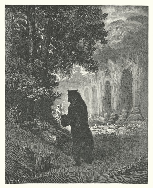 La Fontainovy bajky: (rytina): Medvěd a zahradnický amatér od Gustave Dore