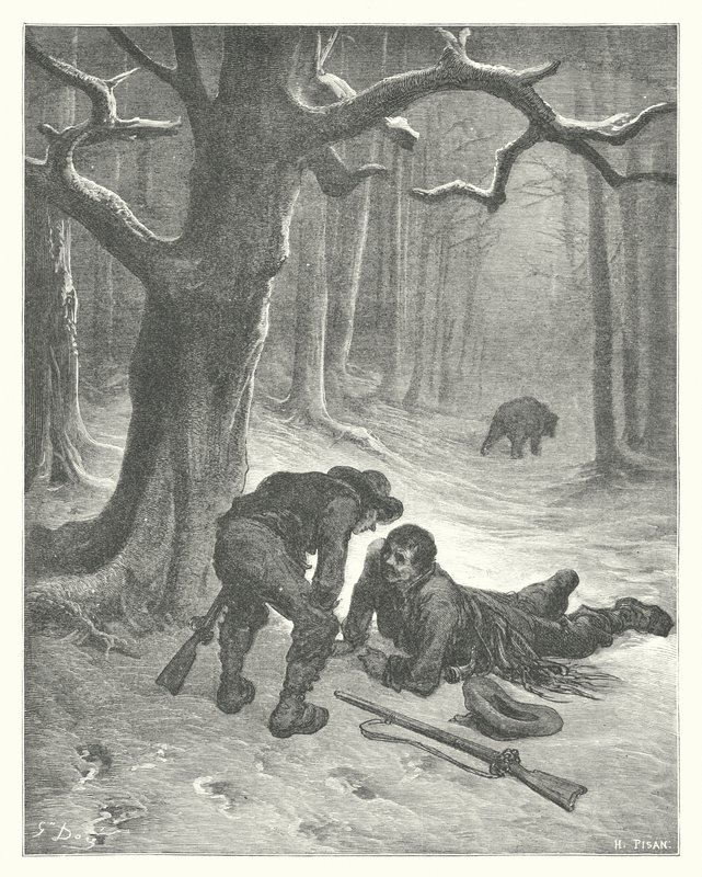 La Fontainovy bajky: Medvěd a dva přátelé (rytina) od Gustave Dore