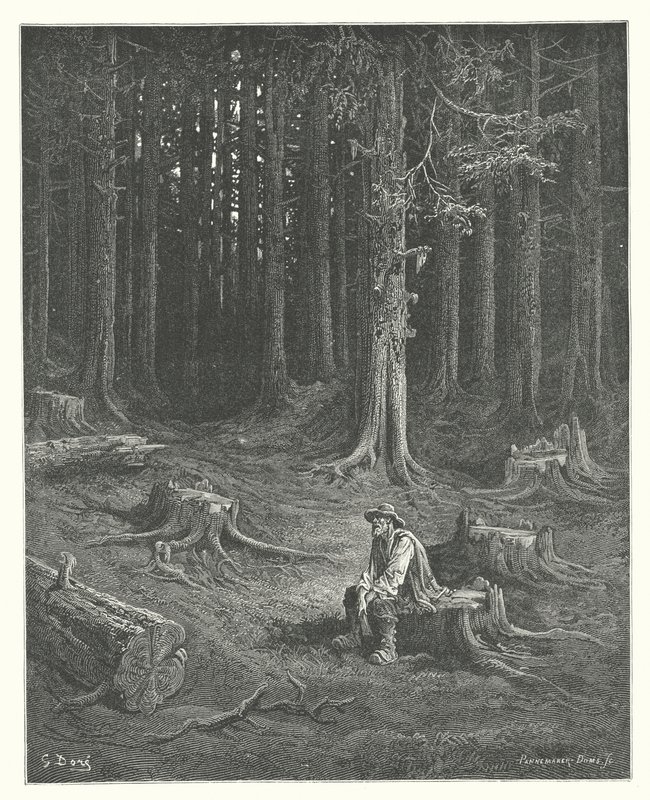 La Fontainovy bajky: Les a lesní muž (rytina) od Gustave Dore