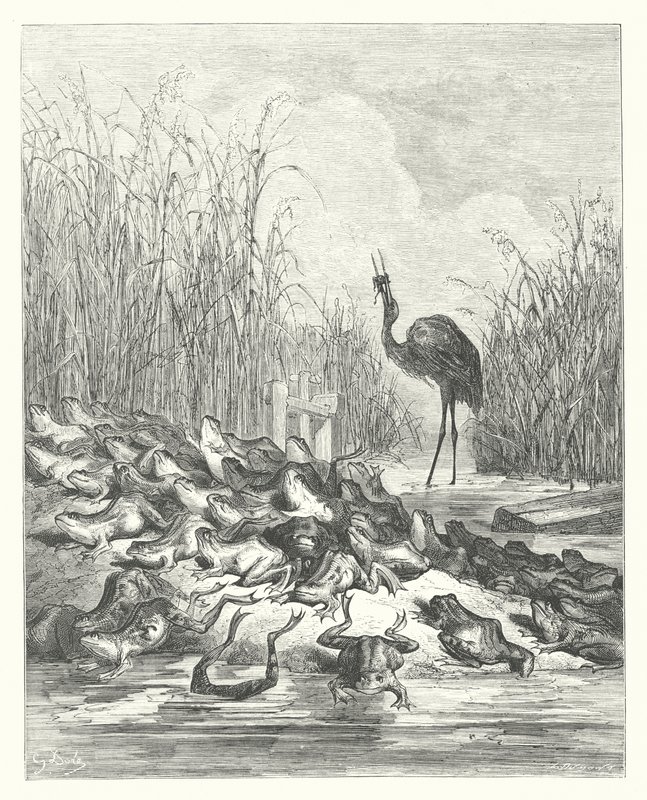La Fontainovy bajky: Žáby, které si žádaly krále (rytina) od Gustave Dore