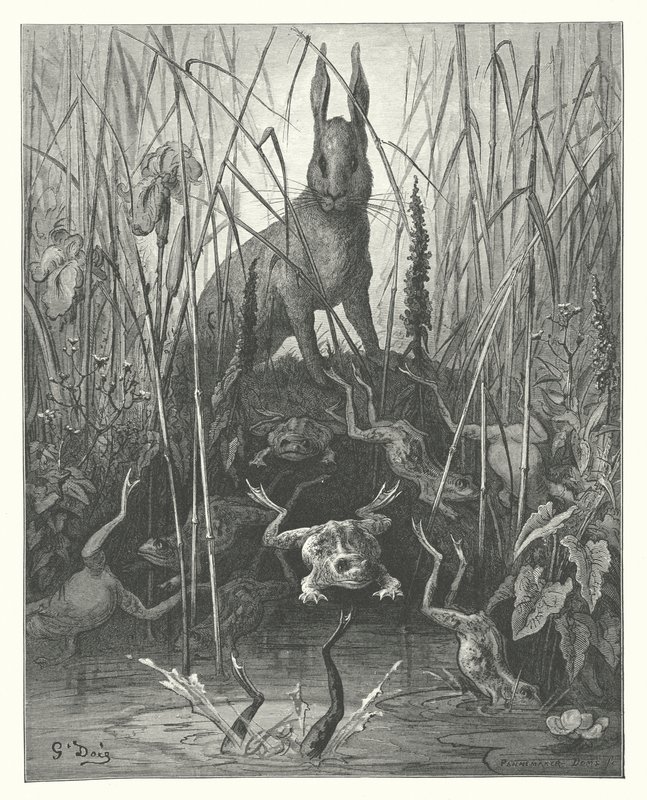 La Fontainovy bajky: (rytina): Zajíc a žáby. od Gustave Dore