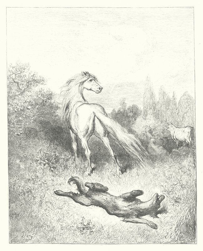 La Fontainovy bajky: Kůň a vlk (rytina) od Gustave Dore