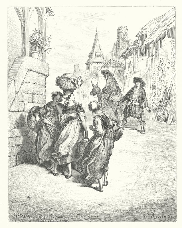 La Fontainovy bajky: (rytina): Mlynář, jeho syn a osel. od Gustave Dore