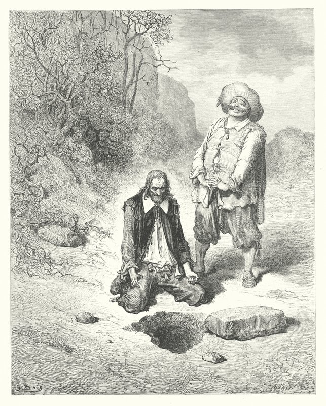 La Fontainovy bajky: Lazebník, který ztratil svůj poklad (rytina) od Gustave Dore