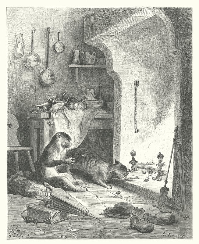 La Fontainovy bajky: Opice a kocour (rytina) od Gustave Dore