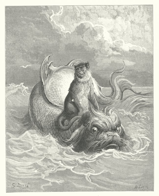 La Fontainovy bajky: (rytina): Opice a delfín od Gustave Dore