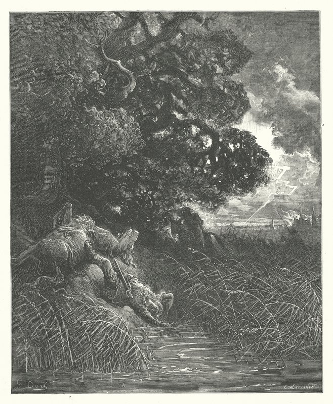 La Fontainovy bajky: Dub a rákos (rytina) od Gustave Dore