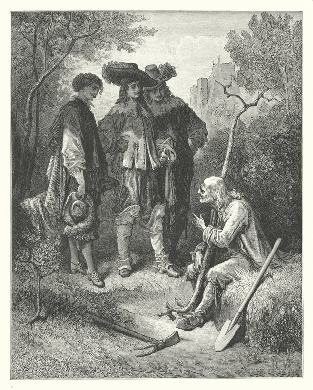 La Fontainovy bajky: (rytina): Stařec a tři mladí muži od Gustave Dore