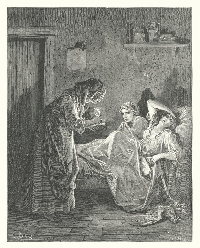 La Fontainovy bajky: (rytina): Stará žena a její sluhové od Gustave Dore