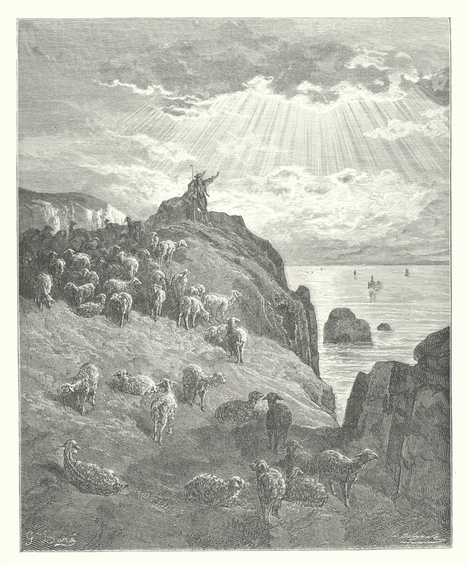 La Fontainovy bajky: (rytina): Pastýř a moře od Gustave Dore