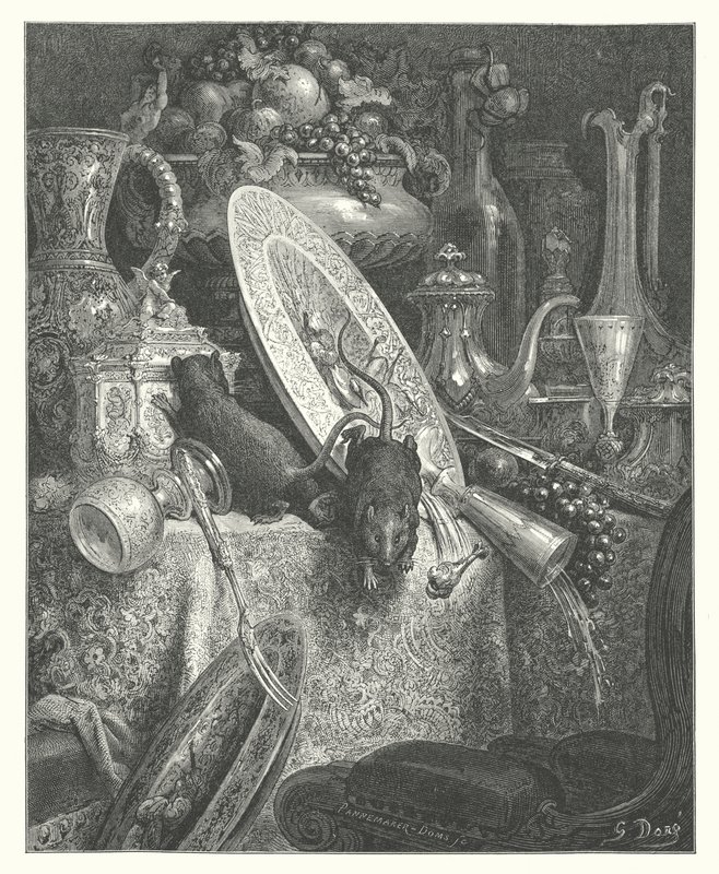 La Fontainovy bajky: (rytina): Městská krysa a venkovská krysa od Gustave Dore