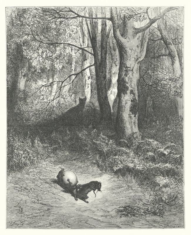 La Fontainovy bajky: (rytina): Dvě krysy, liška a vejce. od Gustave Dore