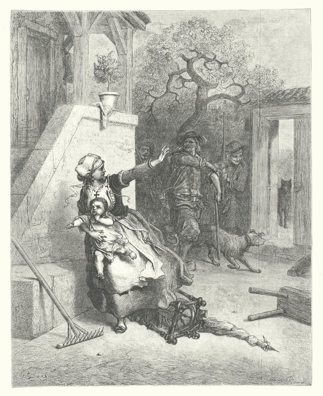 La Fontainovy bajky: Vlk, matka a dítě (rytina) od Gustave Dore