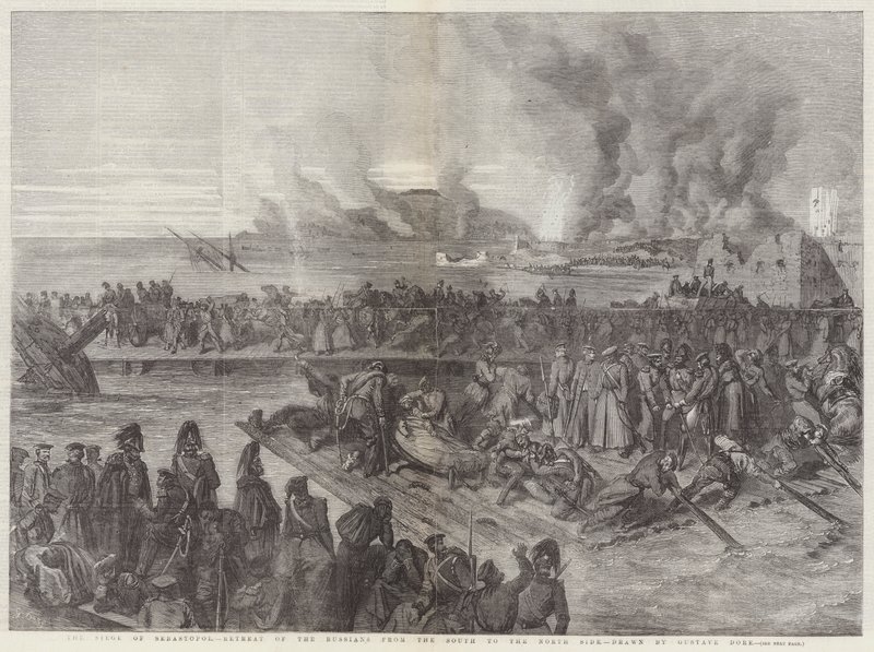 Obléhání Sevastopolu, ústup Rusů z jižní na severní stranu od Gustave Dore