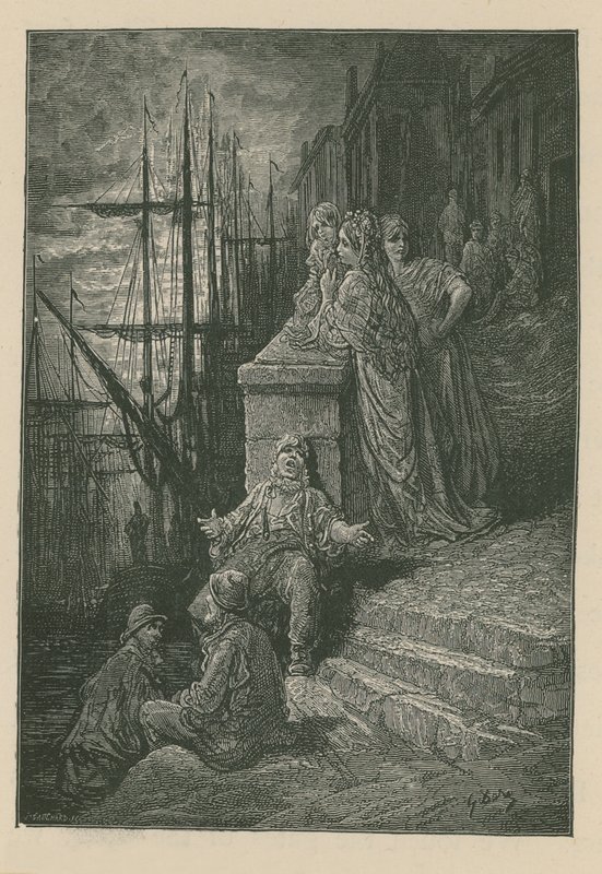 Vodníkova rodina na schodech u řeky Temže od Gustave Dore
