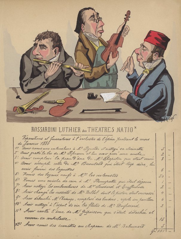 Účet za hudební nástroje pro orchestr opery (barevné lito) od Gustave Frison