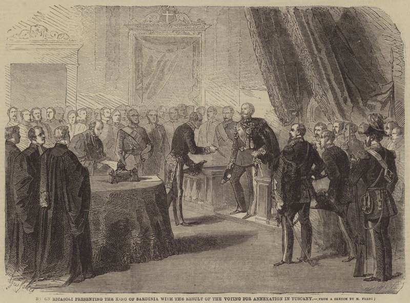 Baron Ricasoli předává sardinskému králi výsledek hlasování o připojení Toskánska. od Gustave Janet