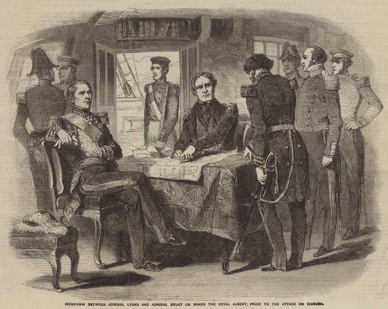 Rozhovor mezi admirálem Lyonsem a admirálem Bruatem na palubě Royal Albert před útokem na Kinburn od Gustave Janet
