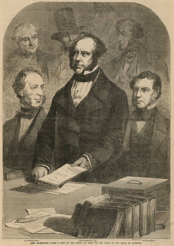 Lord Palmerston pokládá kopii mírové smlouvy na stůl Dolní sněmovny od Gustave Janet