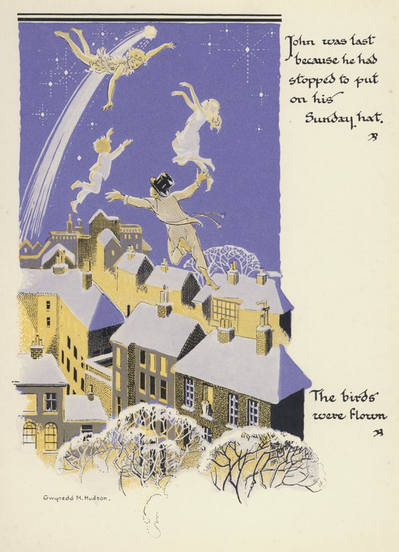 Peter Pan a Wendy: John byl poslední, protože se zastavil, aby si nasadil nedělní klobouk, Ptáci letěli (barva litho) od Gwynedd M. Hudson