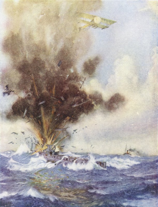 Velitel eskadry Arthur Bigsworth útočí bombami na německou ponorku, která se plní a potápí u Ostende, Belgie, 26. srpna 1915 od H. G. Swanwick