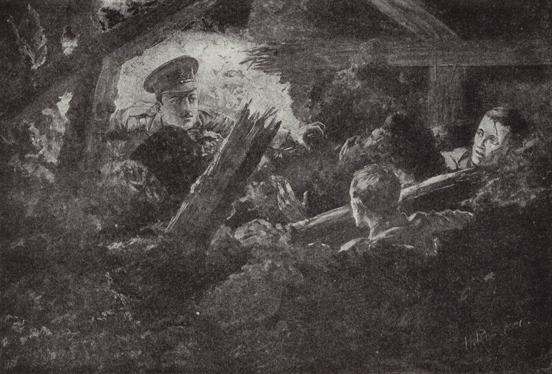 Druhý poručík Cecil Calvert odkrývá a zachraňuje dva muže z minové štoly, která spadla, 6. září 1915 od H. Ripperger