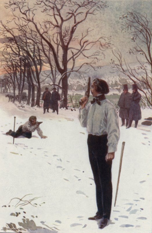 Henri, stojící na místě a zakrývající si obličej pistolí, čekal (barva litho) od H. Delaspre
