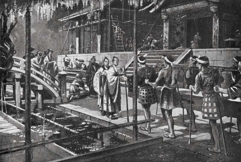 Stavba nového paláce pro císaře (litografie) od H. M. (after) Burton