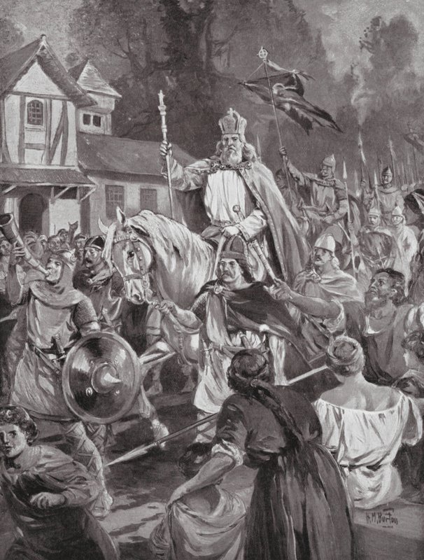 Karel Veliký se vrací do Bruselu, svého zemského sídla (litografie) od H. M. (after) Burton