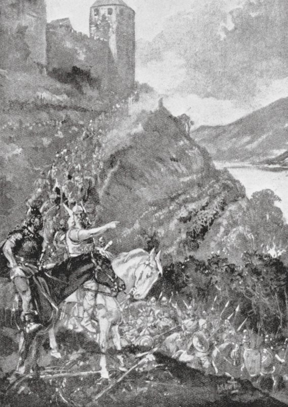 Teutoni a Keltové se spojují v úsilí o vyhnání Římanů z Galie (litografie) od H. M. (after) Burton