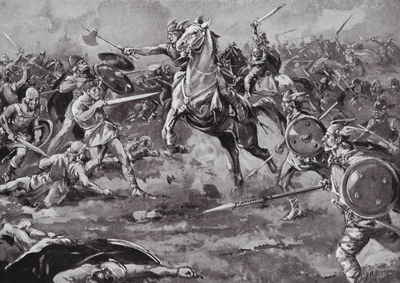 Pomoc Franků při porážce Hunů (litografie) od H. M. (after) Burton