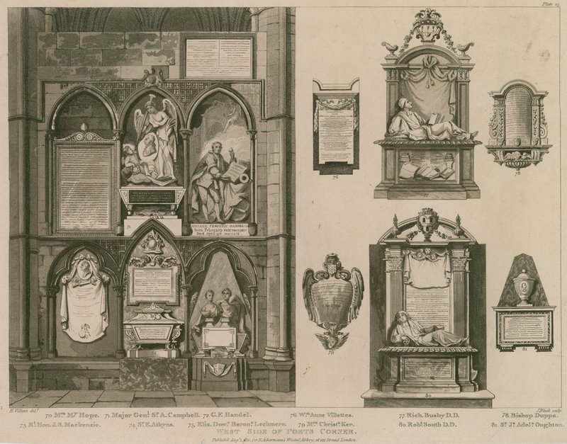 Západní strana Poets Corner, Westminster Abbey, Londýn od H. Villiers