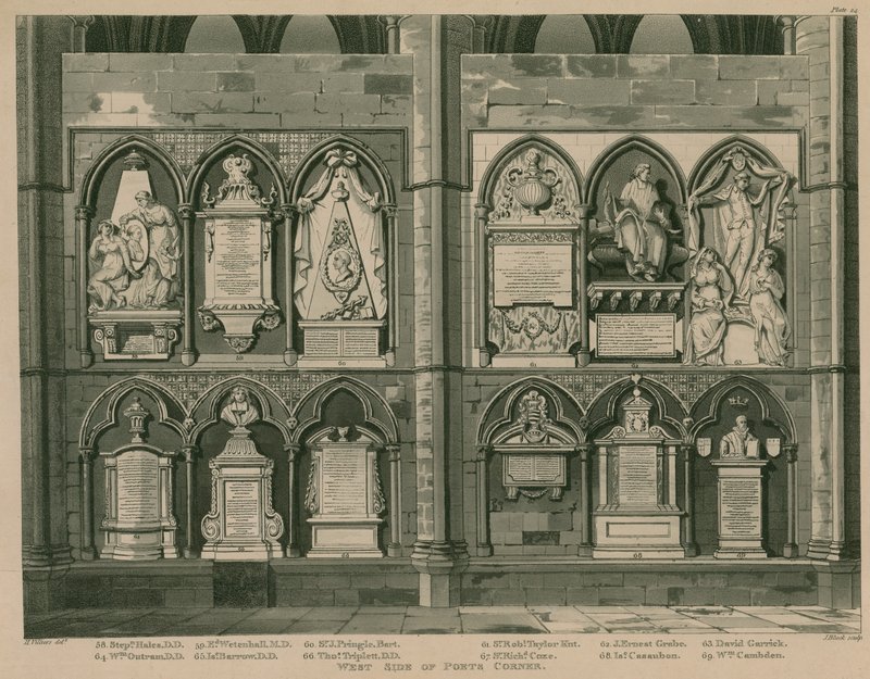 Západní strana Poets Corner, Westminster Abbey, Londýn od H. Villiers