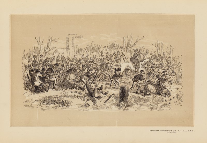 Závod lodí Oxford a Cambridge, č. 4, Běh po břehu během závodu (rytina) od Hablot Knight (1815-92) Browne