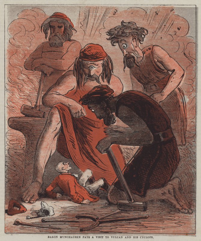 Baron Munchausen navštíví Vulcan a jeho Cyclops (barevné lito) od after Hablot Knight Browne