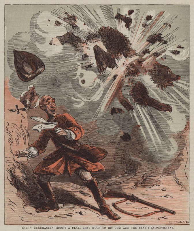 Baron Munchausen zastřelí medvěda, k jeho vlastnímu a medvědovu úžasu (barva litho) od after Hablot Knight Browne