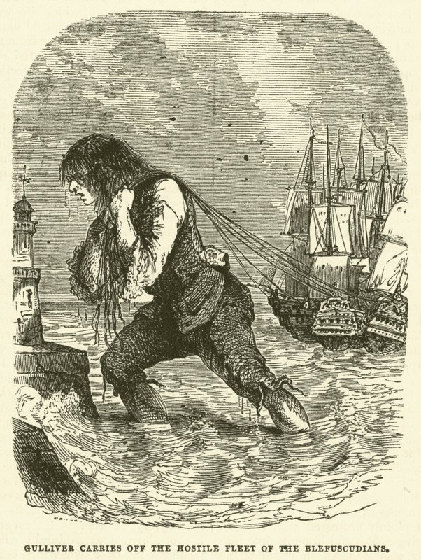 Gulliver unáší nepřátelskou flotilu Blefuscudiánů (rytina) od after Hablot Knight Browne