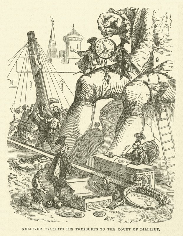 Gulliver vystavuje své poklady na dvoře Lilliput (rytina) od after Hablot Knight Browne
