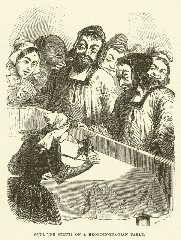 Gulliver vzpěry na Brobdingnagian stole (rytina) od after Hablot Knight Browne