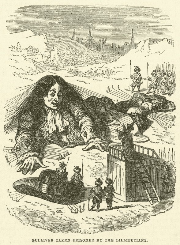Gulliver zajatý Liliputány (rytina) od after Hablot Knight Browne