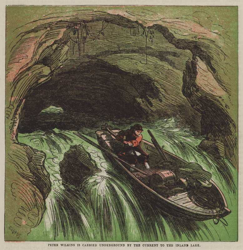 Peter Wilkins je unášen pod zemí proudem k Inland Lake (barevné lito) od after Hablot Knight Browne
