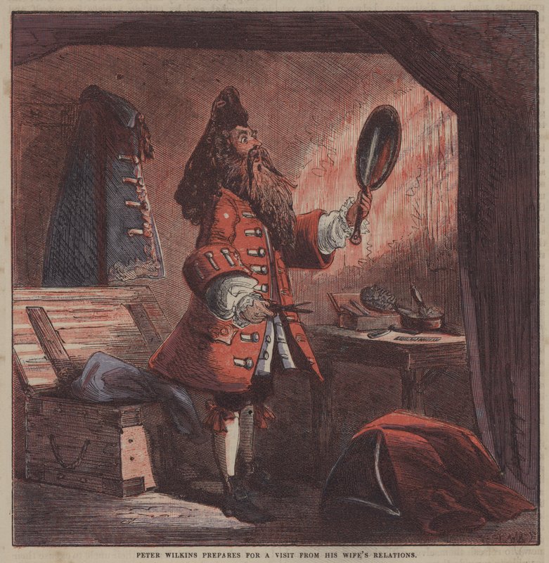 Peter Wilkins se připravuje na návštěvu příbuzných své ženy (barevná litografie) od after Hablot Knight Browne