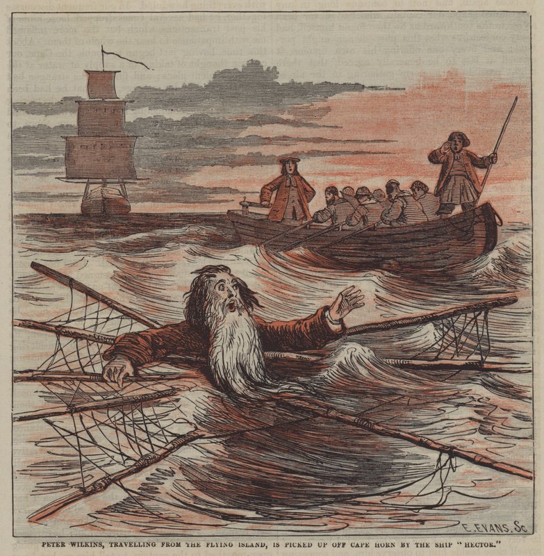 Peter Wilkins, cestující z létajícího ostrova, je vyzvednut u mysu Horn lodí "Hector" (barevná litho) od after Hablot Knight Browne
