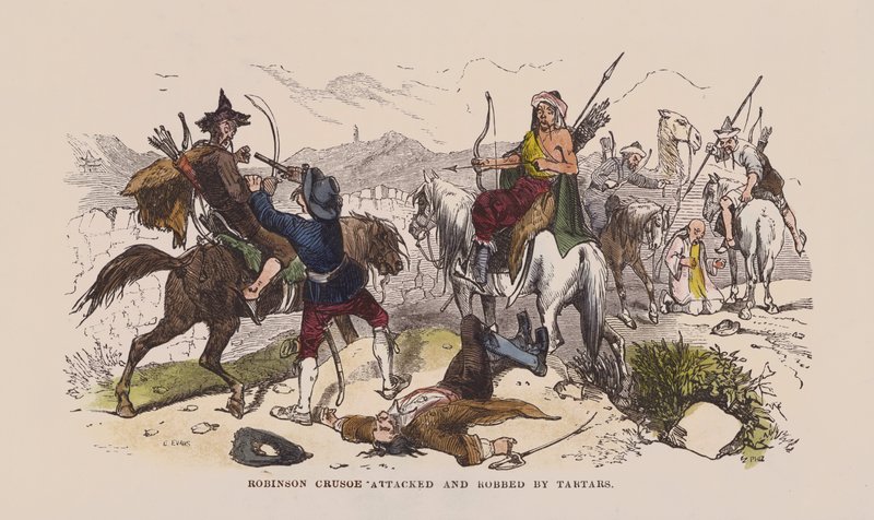Robinson Crusoe napaden a okraden Tatary (barevná rytina) od after Hablot Knight Browne